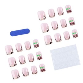 MouyouGlow Short False Nails, Square Nude Pink Leopard French 3D Diamond Cherry Press on Nails with Nail Glue, Pink Natural Leoparden Tips Rhinestone Cherries Fake Nails