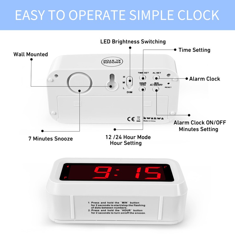 Alarm Clock, Digital Clock, Auto Night-Mode, 3-Level Led Brightness, Battery