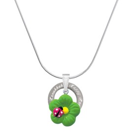Delight Jewelry Resin Lime Green Daisy Flower with Hot Pink Ladybug - Silvertone Happy Hanukkah Message Ring Necklace, 18"