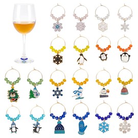 FINGERINSPIRE 20 PCS Winter Theme Glass Wine Charms Brass Wine Charms Markers Festive Drink Markers Glass Crystal Bead Chrams Rings Glass Wine Identifier with Enamel Charms Wine Drinker Gift