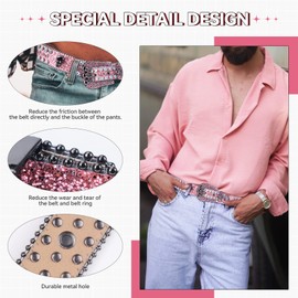 TINIDI Western Men Women Rhinestone Belts Bling Crystal Skulls Studded Diamond Leather Belt For Pants Jeans (50: fits waist from 38"-40", Pink)