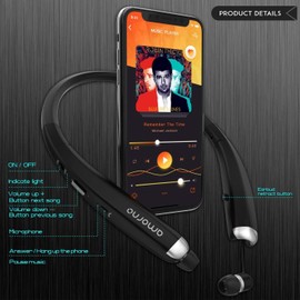 AMORNO Foldable Bluetooth Headphones, Wireless Neckband Sports Headset with Retractable Earbuds, Sweatproof Noise Cancelling Stereo Earphones with Mic