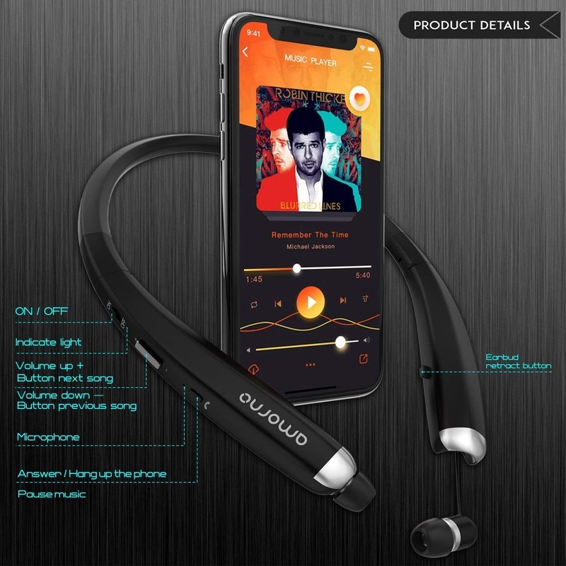 AMORNO Foldable Bluetooth Headphones, Wireless Neckband Sports Headset with Retractable
