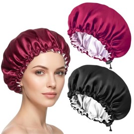 2 Piezas - Gorro Seda Satinado Ajustable Anti Frizz Cabello Dormir Gorros Rizadores de Raso Hebillas de Ajuste Elásticas Cómodo y Reutilizable,Adecuad