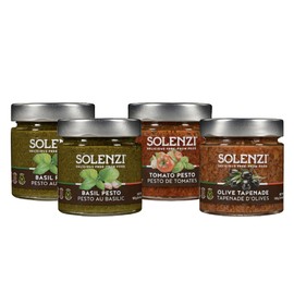 SOLENZI - Keto Pesto Variety Bundle | Gluten-Free, Nut-Free, Vegan | Non GMO | Basil Pesto, Sun-dried Tomato Pesto and Olive Tapenade | Made in Italy | Case of 4