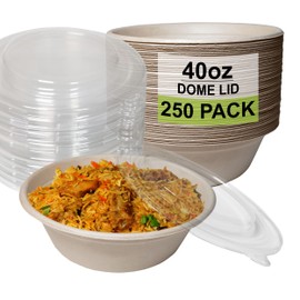 [250 Pack] 40 oz Round Disposable Compostable Paper Bowls with Dome Lids Heavy-Duty, Eco-Friendly Natural Bagasse Unbleached, Heat Resistant, 100% Biodegradable Salad Bowls Alternative to Plastic