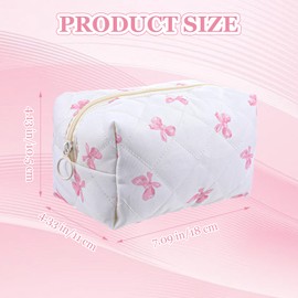 Heclia Small Quilted Cotton Makeup Bag Bow Quilted Makeup Pouch Cute Aesthetic Cosmetic Bag Travel Toiletry Bags Kawaii Trendy Preppy Organizer Bags Skin Care Pouch Gifts for Mom Friend Sister
