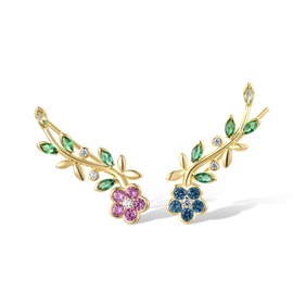 Santuzza 925 Sterling Silver Pink & Blue Orchid Climber Earrings Green Spinel Leaf Long Ear Crawler Earrings For Women