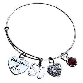 50th Birthday Bangle Bracelet with Birthstone Charm, 50th Birthday Gifts for Women, Fabulous and Fifty Bracelet. 50th Bday Gifts for Her