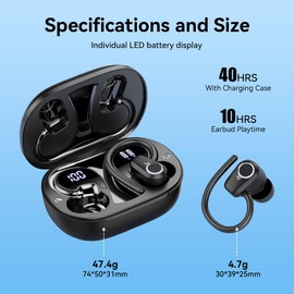 PWTEK Wireless Earbuds, Bluetooth 5.3 Headphones Sport,Over Ear Buds with Noise Reduction Mic,LED Display 50H Playtime Earphones with Earhooks IP7 Waterproof for Gym/Running/Workout Black