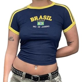 Vintage Graphic Baby Tees for Women Brazil Shirt Y2k Tops Baby Crop Tees 90s Summer Going Out Tops Streetwear Shirts (US, Alpha, Large, Regular, Regular, Navy Blue)