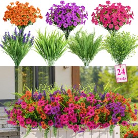 Alupssuc 24 Bundles Artificial Flowers for Outdoors Spring Summer Decoration, UV Resistant Eucalyptus Violet and Lavender Silk Fake Plants for Outside Indoor Yard Home Patio Decor, Orange Rose Purple