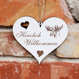 Herzlich Willkommen Sign - Elk Head - Decorative Heart Wooden Welcome Sign Door Sign Decorative Sign Door Decoration