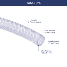 sourcing map Fabric Hose PVC Hose with Fabric 12 x 18 mm (1/2 Inch x 3/4 Inch) Inner Diameter x Outer Diameter Braided Reinforced Pipe 3 Metre Roll Transparent High Pressure Compressed Air Hose Water