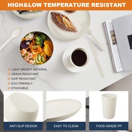 Wheat Straw Dinnerware Sets - 24 pcs Lightweight Bowls Unbreakable Dish Set Dishwasher Microwave Safe Wheat Straw Cups Cutlery Plates and Bowls Set for 4 Suitable for Camping Party Grill（White）