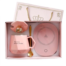 Calentador de café para computadora, con juego de tazas. Calentador de tazas con apagado automático, calentador de bebidas para cacao, té, leche Regalo para mujer, mejor amiga, mujer, mejor amiga, mujer, tía, amigas, cumpleaños (rosa)