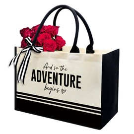 MQPPKJ Engagement Gift, Canvas Tote Bag, Bridal Shower Gifts for Bride Tote Bags, Wedding Bride Gifts Shoulder Bags, Bride Gifts (Adventure Begins, Black&White)