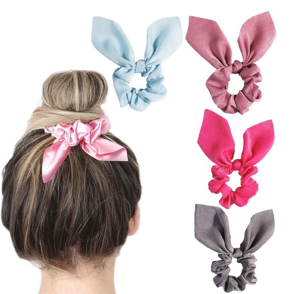 Solid Colors Hair Scrunchies Cute Bunny Ears Hair Ties Ponytail Holders with Bow Women Girls (4 Colors-E-Rose red, Pink, Gray, Blue)