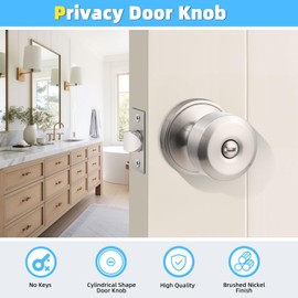 KNOBWELL Interior Door Knobs with Cylindrical Shape Knob, Brushed Nickel Door Knob for Bedroom Bathroom, Keyless Privacy Door Knob with Lock, Stainless Steel Door Handle, 5 Pack