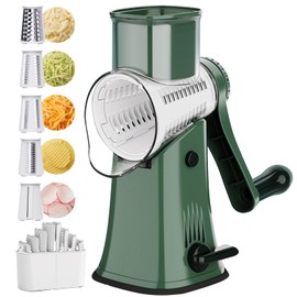 PDAENLKY Rotary Cheese Grater 5 in 1 Cheese Grater with Handle Vegetable Slicer with 5 Interchangeable Blades, Storage Box, Green Cheese Shredder with Strong Suction Base for Kitchen (Green)