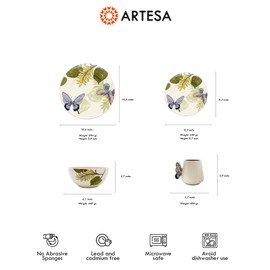 ARTESA ORGANICS BRIGHT NATURE VERDE Ceramic Dinnerware Set, Yellow Butterfly Pattern with Tropical Leaves, Handmade & Hand-Painted, 4-Piece Collection, Microwave Safe