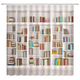ZKJSMGS Bookshelf Shower Curtain Library Vintage Educational Bookcase Readable Book Wooden Bookcase Antique House Hippie Art Wall Fabric Bathroom Home Decor Curtain with 12 Hooks,71" Wx71 H,Beige
