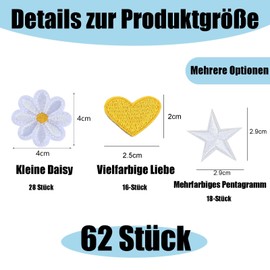 Pack of 62 iron-on patches, children's iron-on patches, iron-on patches, children's iron-on patches, DIY accessories, daisy flower (28), multi-coloured love (16), multi-coloured pentagram (18),