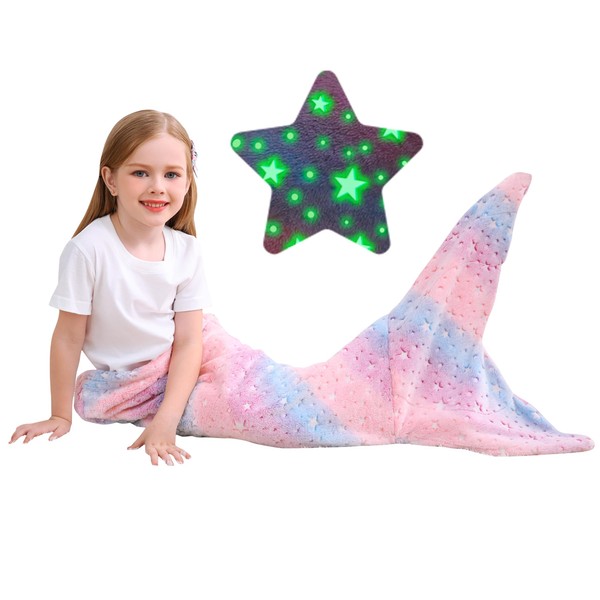 Kids Mermaid Tail Blanket, Soft Flannel Fleece Glow in The Dark Blanket, Child Toddler Mermaid Blanket with Glittering Stars Design, Little Mermaid Toys Gifts for Girls - 17" x 39"
