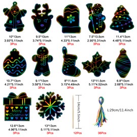 36 Pieces Christmas Scratch Crafts for Kids, DIY Rainbow Magic Scratch Paper, Santa Claus, Snowman, Christmas Tree, Shristmas Stocking House Arts and Crafts Ornaments for Party Favor Holiday Decor