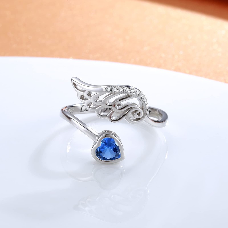 Birthstone Wing Rings Sterling Silver Adjustable Feather Heart Month Stone