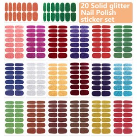 WOKOTO 20 Sheets Solid Glitter Color Nail Polish Strips with Nail File Gel Nail Strips Stick On Nail Stickers Full Nail Wraps for Women Nail Art