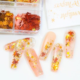 Maple Leaf Nail Glitters Sequins Fall Nail Art Stickers Decals 3D Holographic Sparkly Laser Circle Maple Leaves Aluminum Foil Confetti Glitters Acrylic Nail Tips Design for Autumn Fall Party Craft DIY