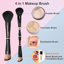4 in 1 Makeup Brush Set, Travel Makeup Brushes with Case, Foundation Brush/Blush Brush, Eyeshadow Powder Brush, Concealer Brush, Double Ended Makeup Brush Ideal for Liquid, Cream, Powder, Concealer