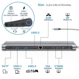 USB C Docking Station Dual Monitor, 14 in 1Triple Display USB C Dock with 4K @ 60Hz HDMI and DP, VGA, Gigabit Ethernet, USB 3.2 Gen2 10Gbps, 100W PD, SD/TF/USB 3.0 Ports for MacBook and Windows Laptop