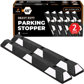 Xpose Safety 48" Heavy Duty Rubber Parking Stopper – 2 Pack Wheel Blocks for Garage, Driveway, or Ramp – Car Bumper Stop with White Reflective Strips – Removable Floor Mount