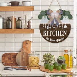 TOARTi Kitchen Wooden Hanging Signs Kitchen The Heart of Home Rustic Wood Sign Round Wood Hanging Decor with Ribbon Bow and Artificial Green Leaves Farmhouse Style Wall Art