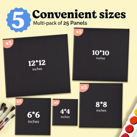 Chalkola Black Canvas for Painting - 25 Pack Square Canvas Panels - 4x4, 6x6, 8x8, 10x10, 12x12 inch (5 Each) - Canvases are 100% Cotton, Primed, Acid Free Art Canvas Boards for Painting