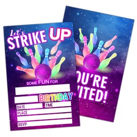 Vintage Neon Bowling Birthday Party Invitation, Let's Strike Up Some Fun Party Invite Cards For Kids, Boys & Girls, 20 Double-Sided Fill-In Invitation With Envelopes，Party Favors And Supplies-D19