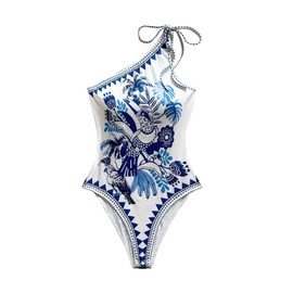 RoseSeek Women's Boho Floral One Shoulder Bodysuit Sleeveless Tummy Control Summer Body Suits Blue and White Large