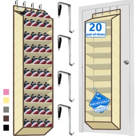 Over The Door Shoe Organizer, 70 Pounds Large Capacity, 20-30-Pair shoe organizer, Heavy Duty-Extra Deep Pockets ,Anti-Scratch Hooks & FSC-Certified Bamboo ,Engineered for Men’s Size 13 shoe,Beige
