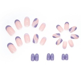 IMSOHOT 24Pcs Glossy Press on Nails Short Oval Fake Nails Round Purple Glue on Nails French Tip False Nails Full Cover Nails