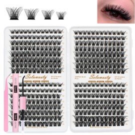 Selawasty Lash Clusters Kit 384Pcs Wispy Natural Cluster Eyelash Extension Kit DIY Lash Extension Kit C-curly 10-16MM Eyelash Clusters Volume Individual Lashes Kit Lash Bond and Seal Tweezer(W02-Kit)