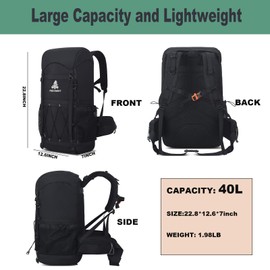 Bseash 40L Waterproof Hiking Backpack with Rain Cover, Outdoor Sport Travel Bag Daypack for Camping Climbing Cycling Skiing (Black)