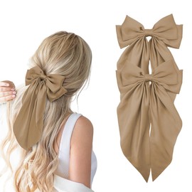 Hair Bows for Women, 2Pcs Grey Brown Bow Hair Clips for Girls, Silky Satin Hair Bows Clips Long Tail, Large Hair Barrettes Cute Aesthetic Hair Accessories