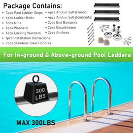 Vellynoox 3 Treads In Ground Stainless Steel Swimming Pool Ladder Stainless Steel Steps Entry and Exit System For Up To 250 Pound Capacity replacement 1.90 Inch Diameter Wooden Concrete Deck(3 Treads)