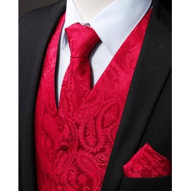 HISDERN Men's Vest Tie Set Paisley Floral Jacquard Formal Silk Necktie Pocket Square Waistcoat for Suit or Tuxedo Red