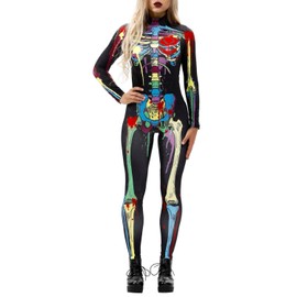 Fixmatti Women Turtleneck Unitard Long Sleeves Skull Bodysuit Skeleton Cosplay Suits L