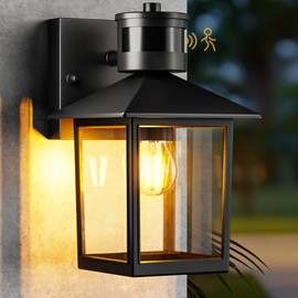 Woolmug Motion Sensor Outdoor Wall Light Fixtures, Dusk to Dawn Porch Lights 2 Modes Black Exterior Wall Sconce Lamp with Clear Glass for Patio House Garage, Bulbs Not Included