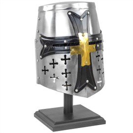 Nagina International Medieval Templar Crusader Knight Armor Helmet With Wooden Stand | Greek Roman Spartan Armour Accessories | Silver Gold Helm A+ | Wearable for Adult Costumes (Zorro Black), Silver