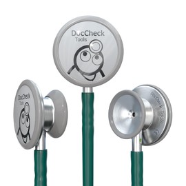 DocCheck "Lausch" Stethoscope - Double Head Chestpiece, Thick-Walled Tubing System, Adjustable Ear Hooks, Includes Name Tag & Spare Parts Kit, Latex-Free, 77 cm, 190 g (Emerald Green)